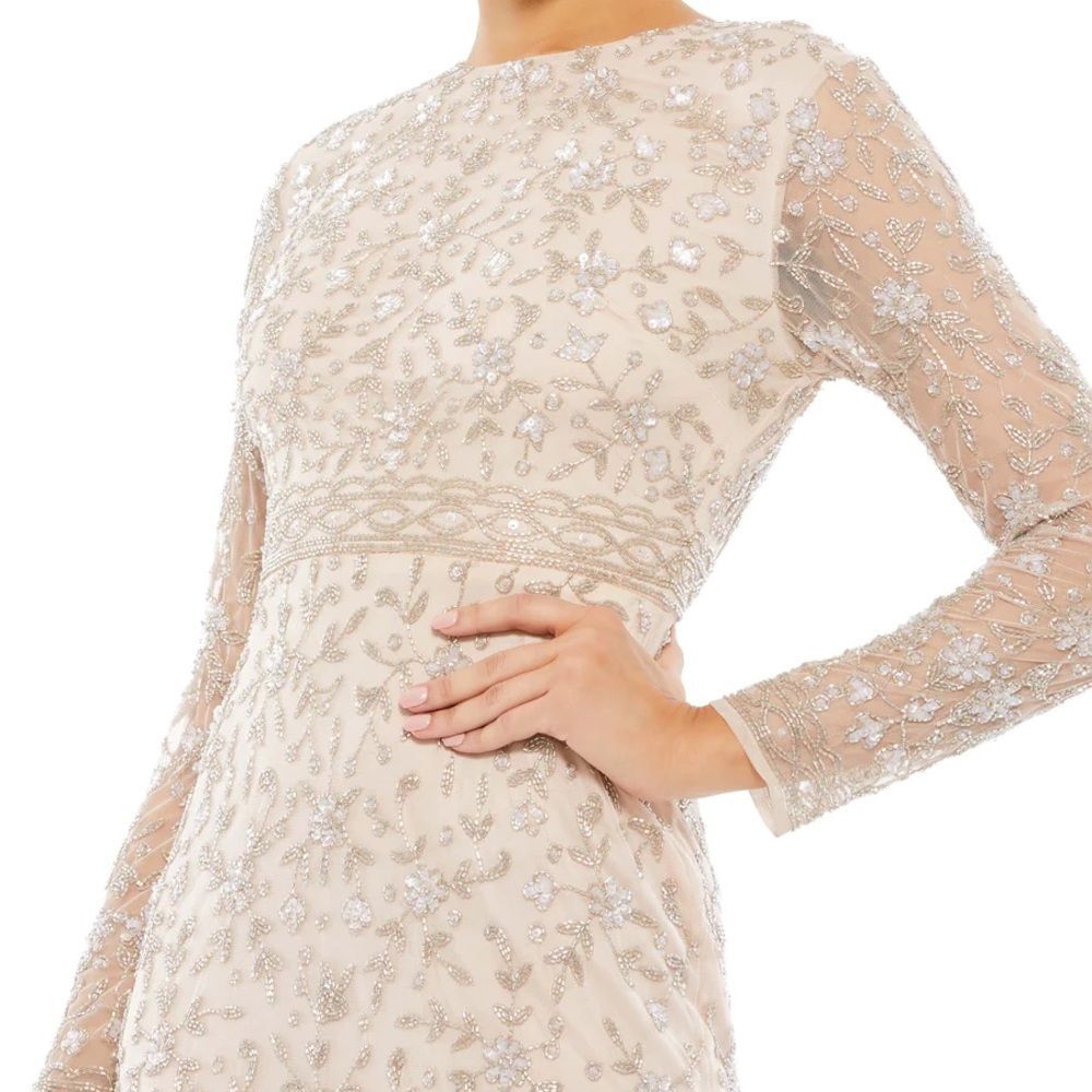 Mac Duggal | 10812 Beaded Tea Length Dress with Sheer Sleeves Size 12 NEW - Picture 4 of 12